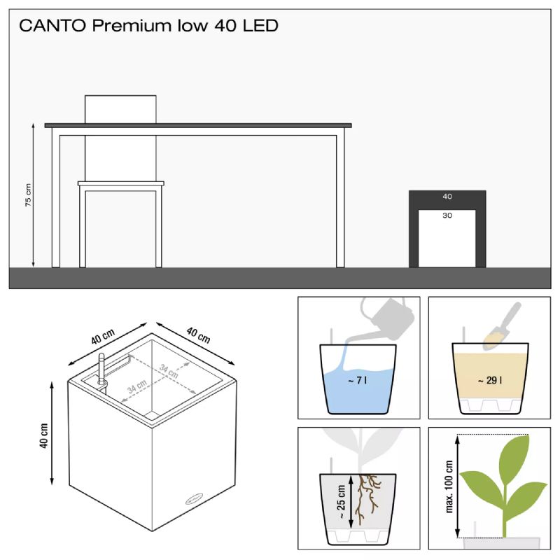 Lechuza CANTO Premium low LED Self-Watering Planters (CANTO Premium 40 low, Charcoal Metallic)